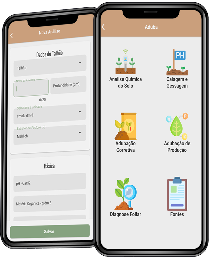 Tela do app Aduba com cálculos de correção de solo e adubação